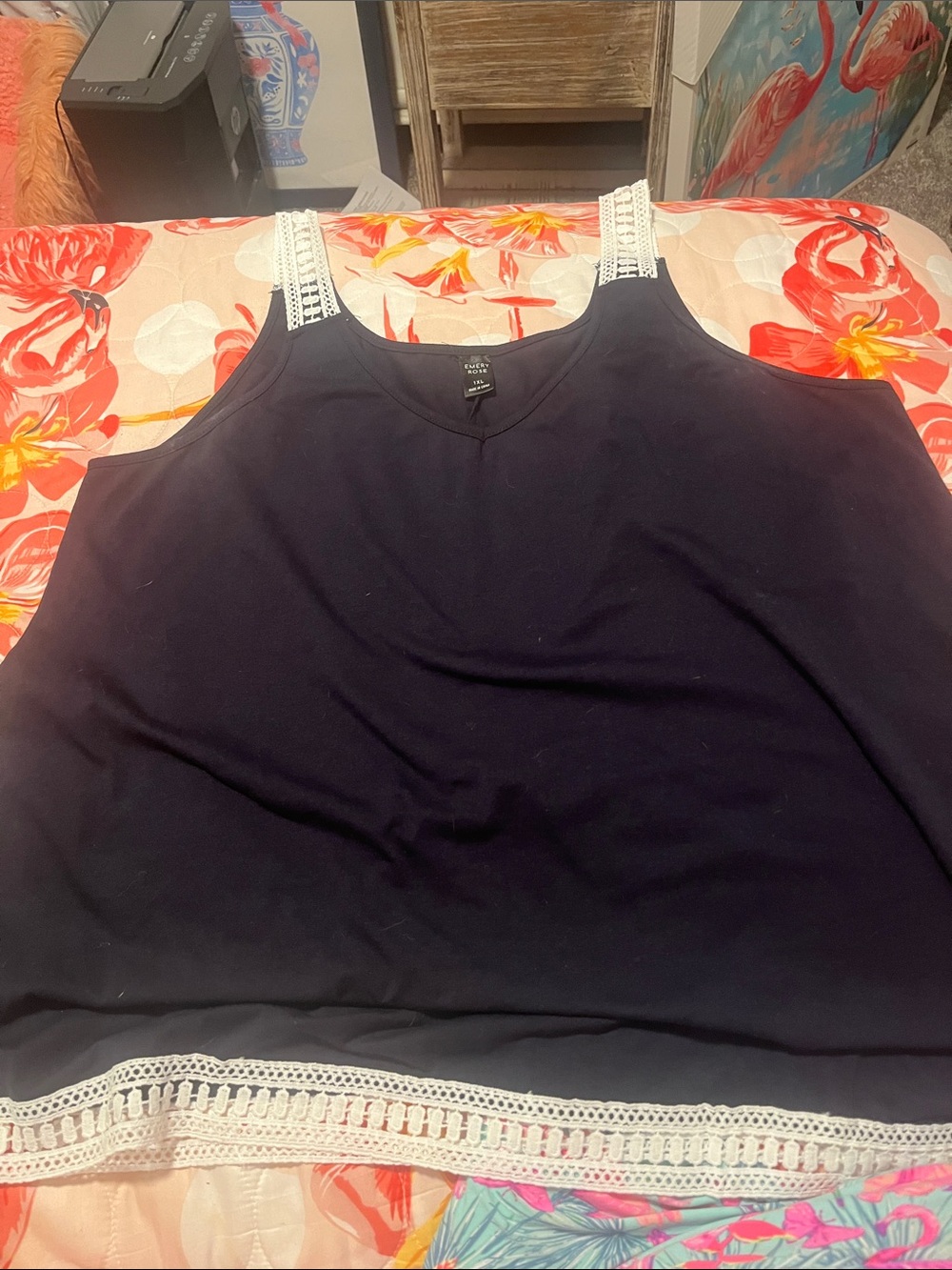 Emery rose Navy Tank with White Crochet Trim